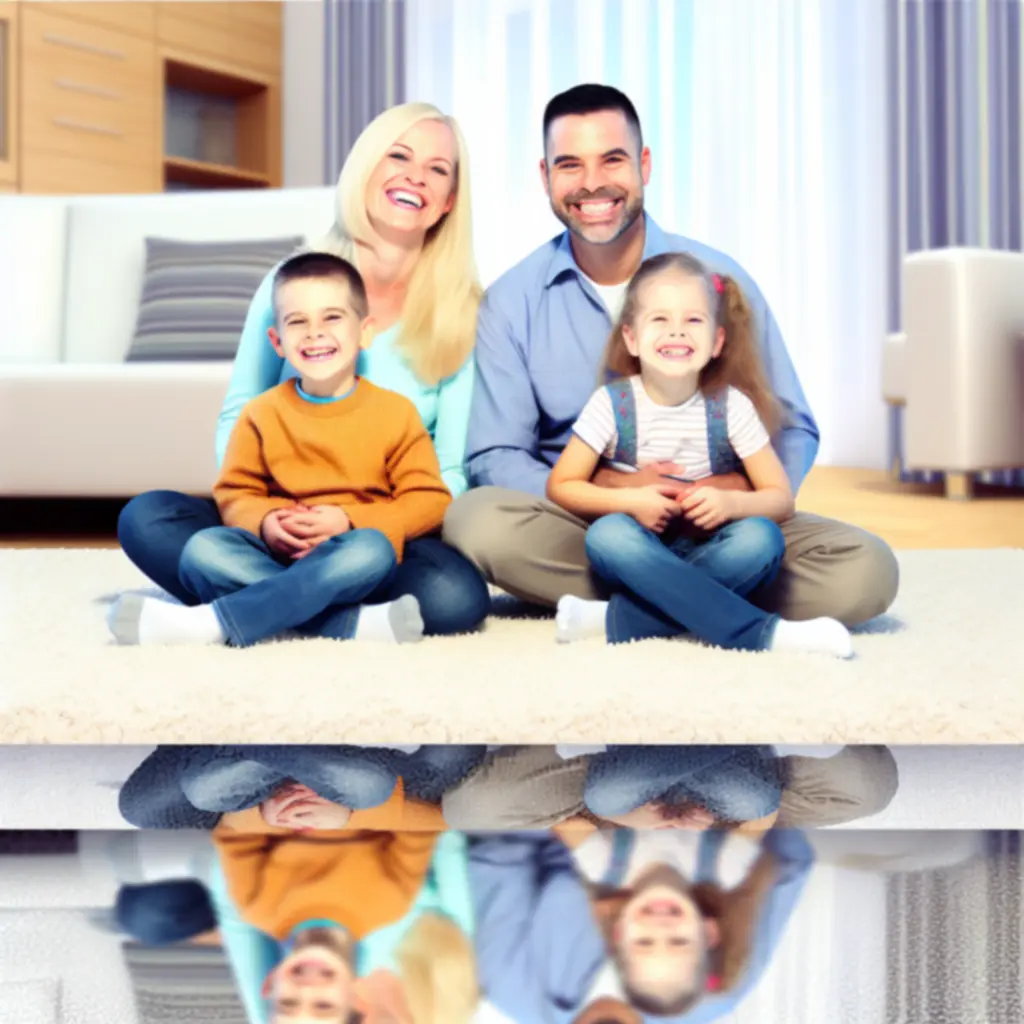 Mosolygó család tiszta, szőnyeges nappaliban, egészséges otthoni környezetben