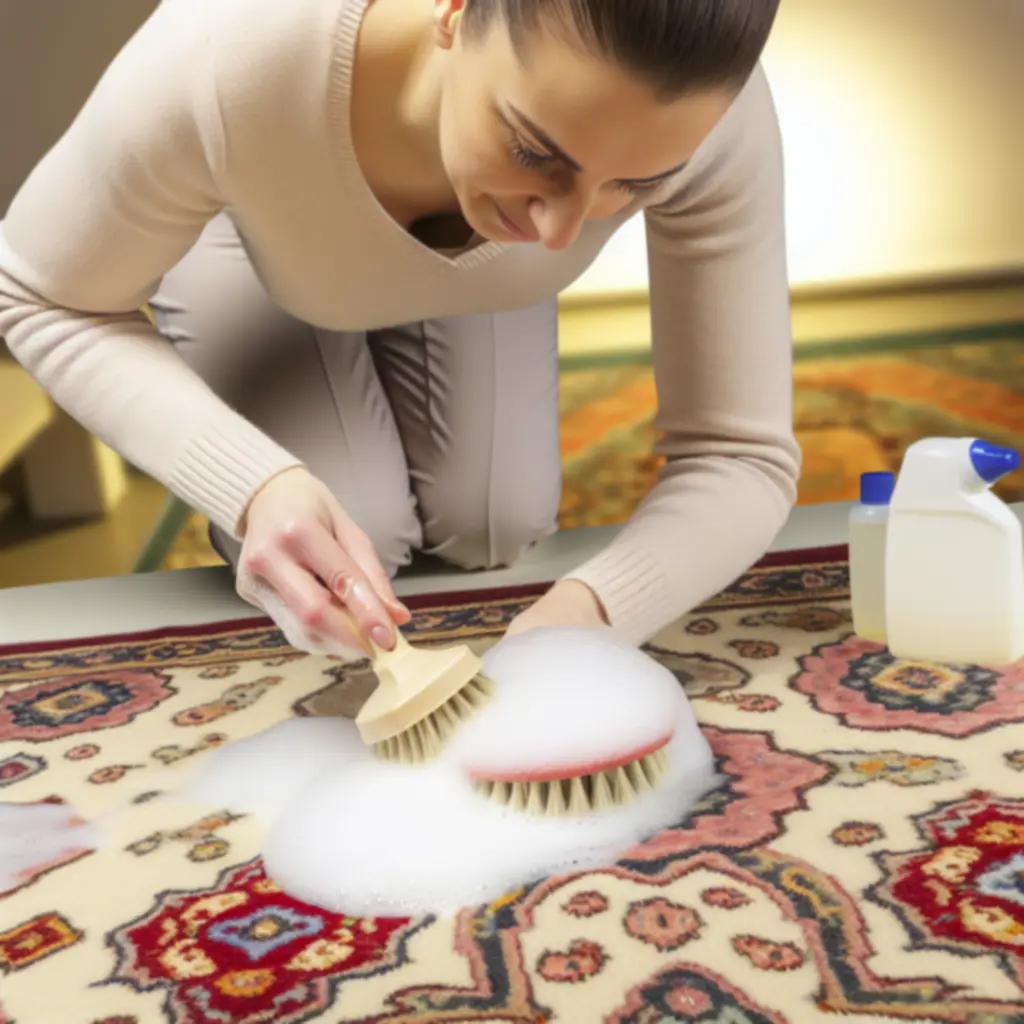 Kézi szőnyegmosás folyamata egy finom, kézzel szőtt szőnyegen