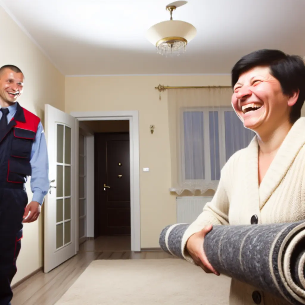 Mosolygó ügyfél, aki visszakapja tisztított szőnyegét