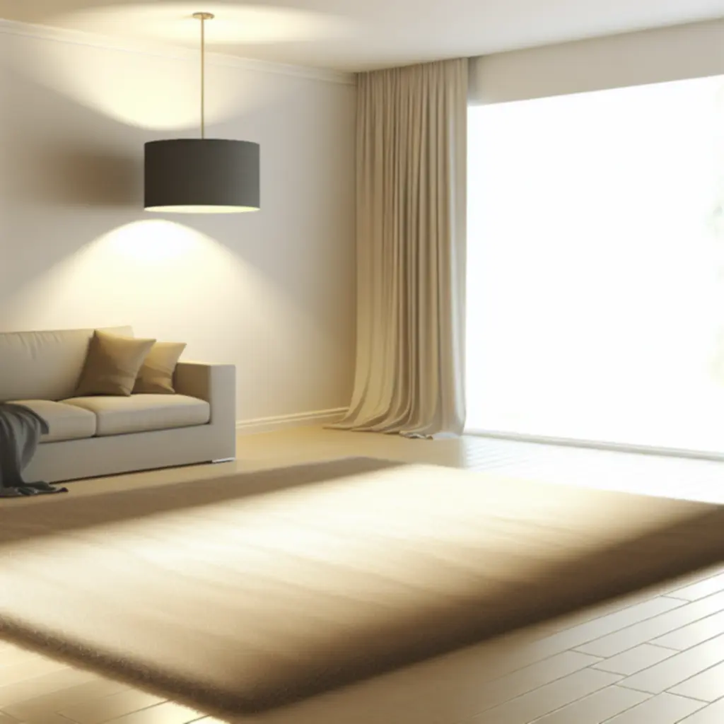 Frissen tisztított szőnyegek egy világos, rendezett nappaliban