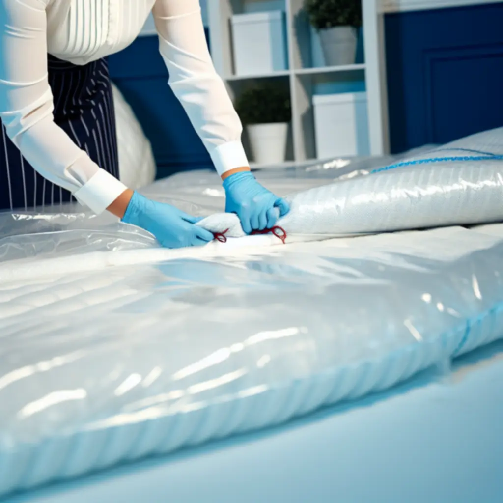 Óvatosan feltekert és védőcsomagolással ellátott szőnyegek szállításra készen